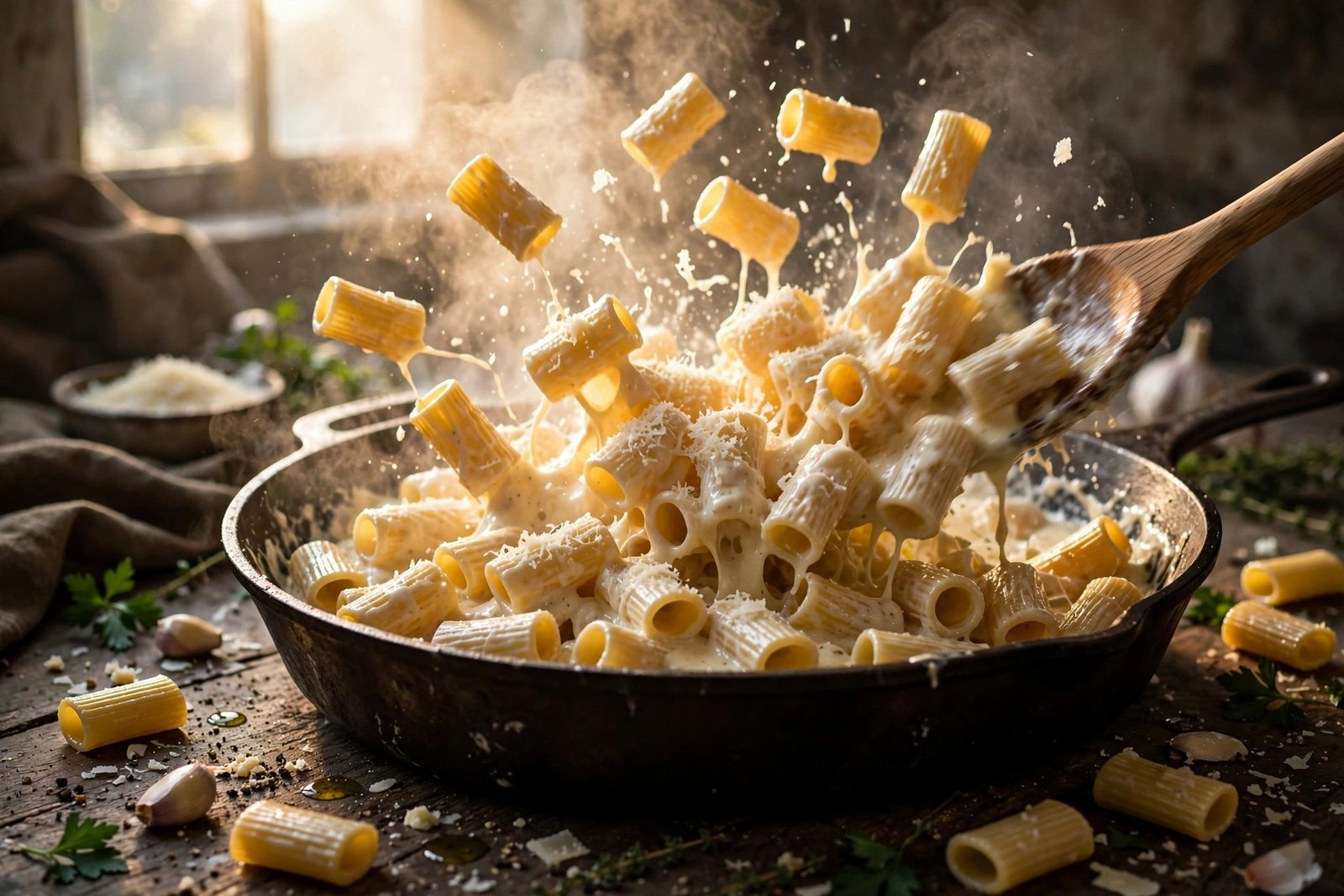 Creamy parmesan sauce being tossed with short pasta mid-toss in a skillet