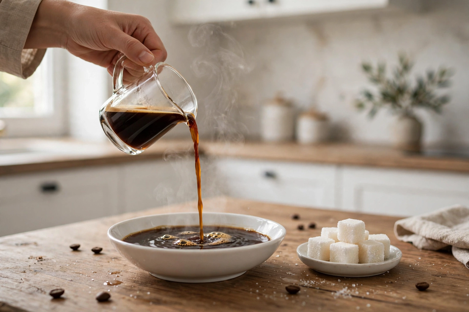 Pouring cooled espresso into a shallow dish for the tiramisu soak