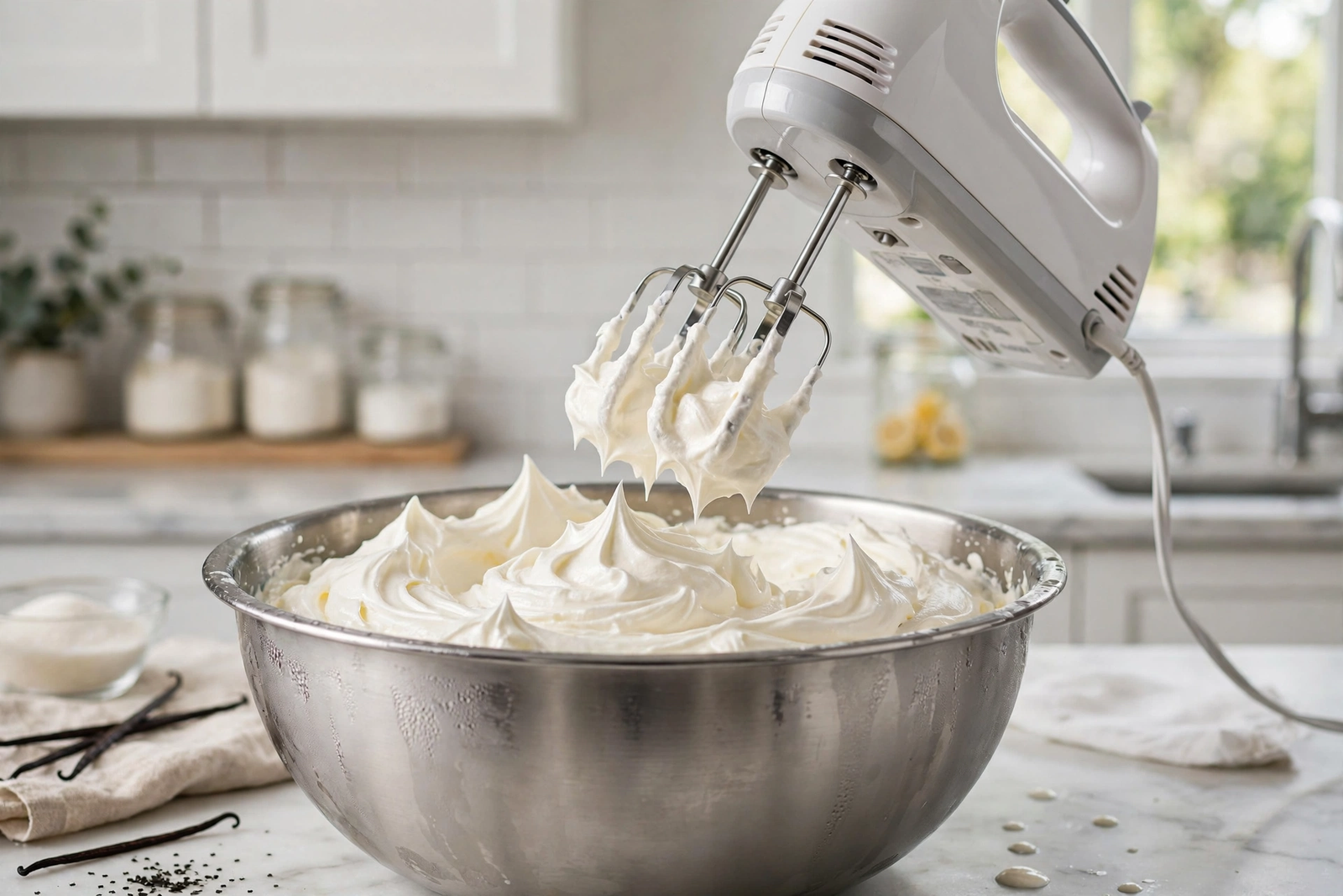 Whipping heavy cream to firm peaks in a chilled bowl