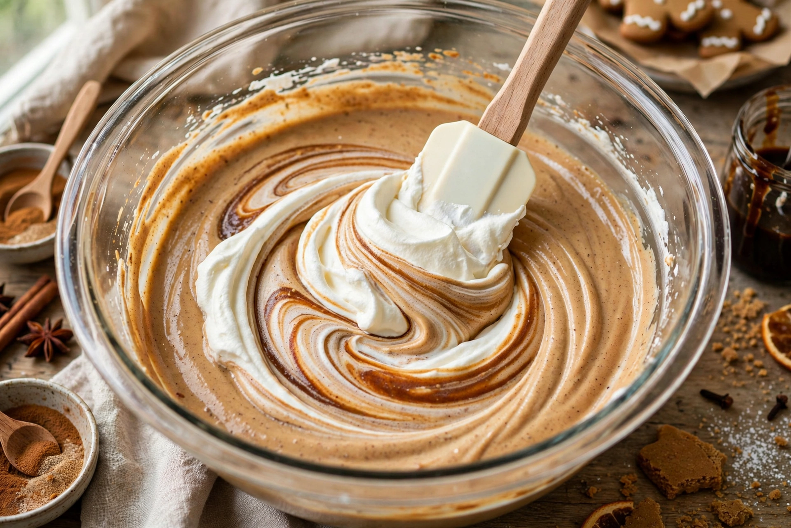 Folding whipped cream into gingerbread-spiced mascarpone mixture