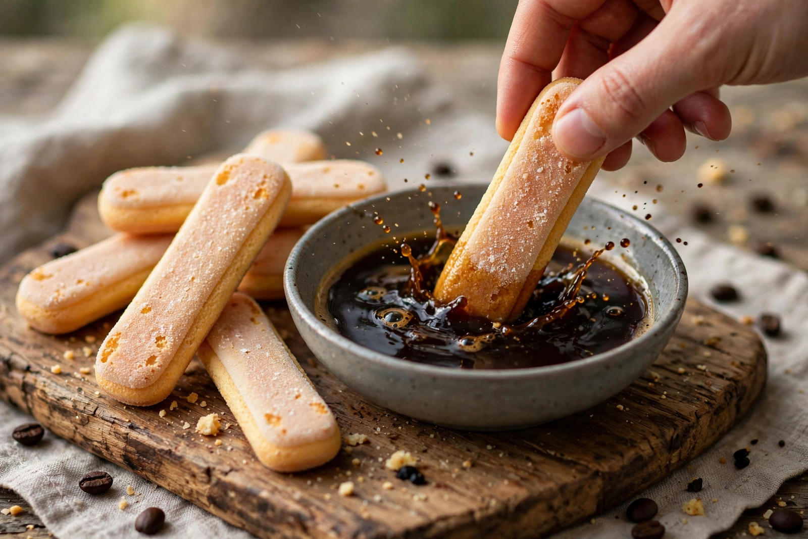 Dipping a ladyfinger into the espresso soak