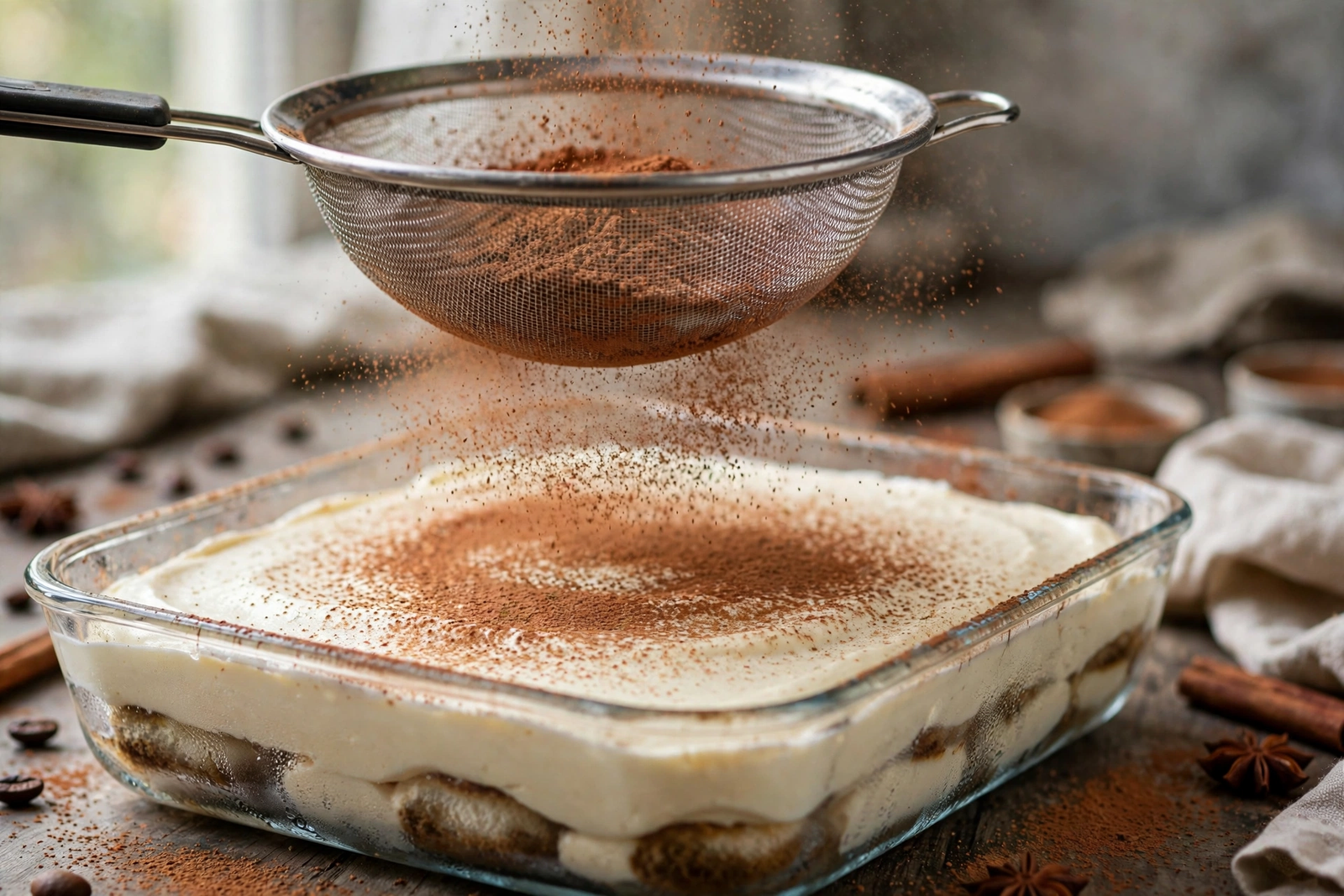 Dusting cocoa powder and cinnamon over the chilled tiramisu