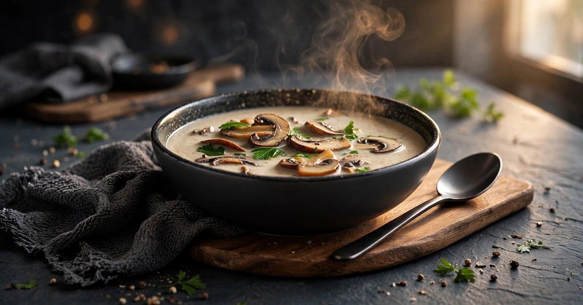 Creamy mushroom soup recipe in a dark bowl topped with sautéed mushroom slices and parsley
