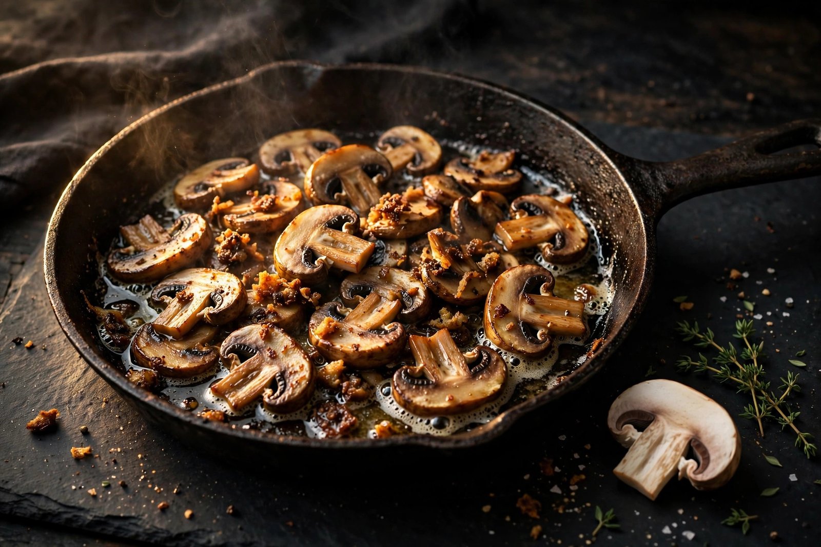 Golden-brown seared mushroom slices in a dark skillet for creamy mushroom soup recipe