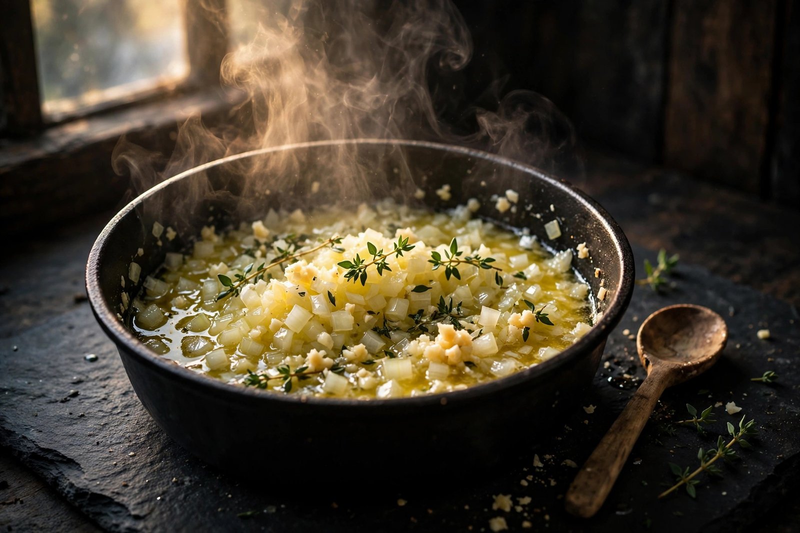 Diced onion, garlic and fresh thyme softening in butter for creamy mushroom soup recipe