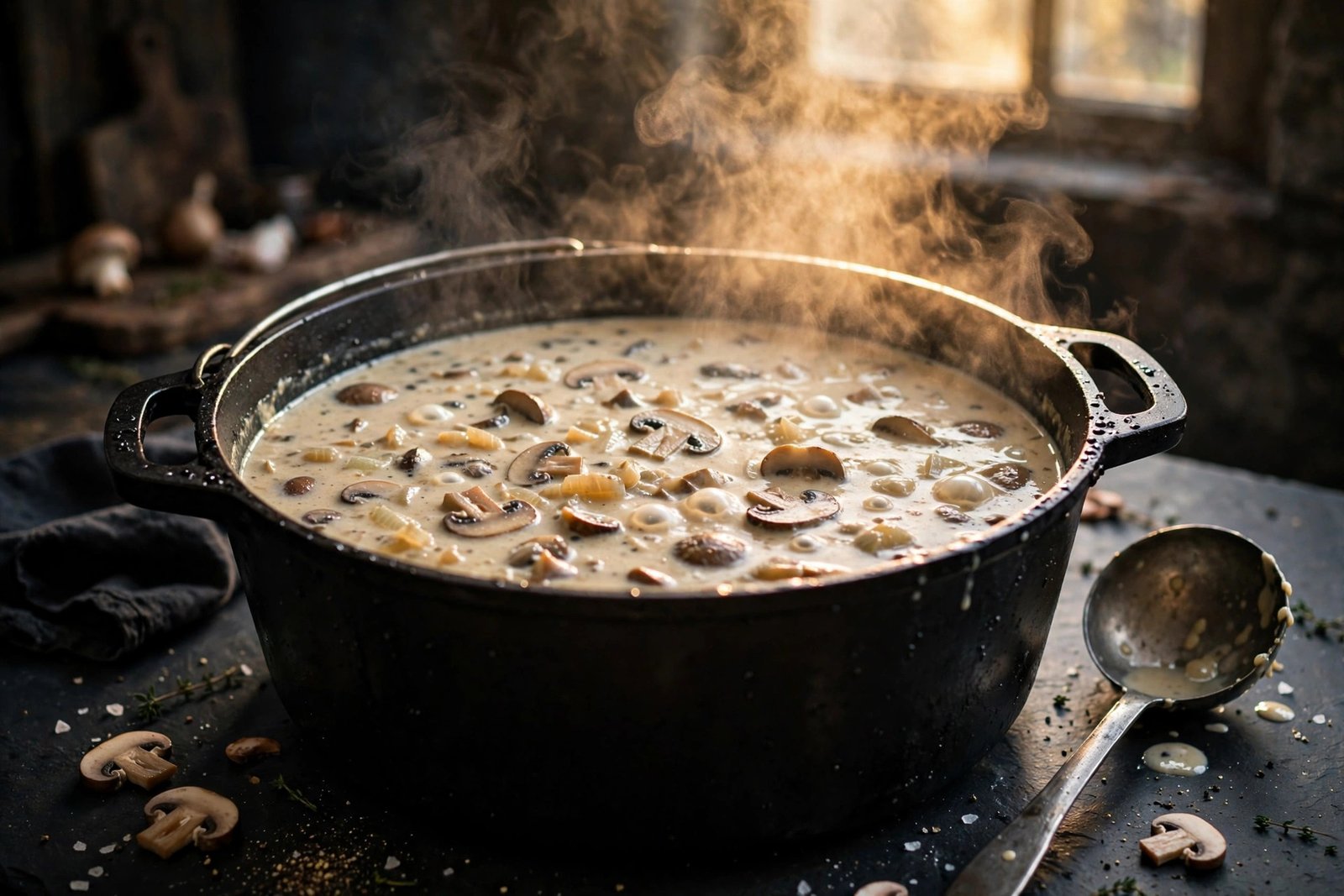 Creamy mushroom soup base simmering in a Dutch oven after adding broth for creamy mushroom soup recipe