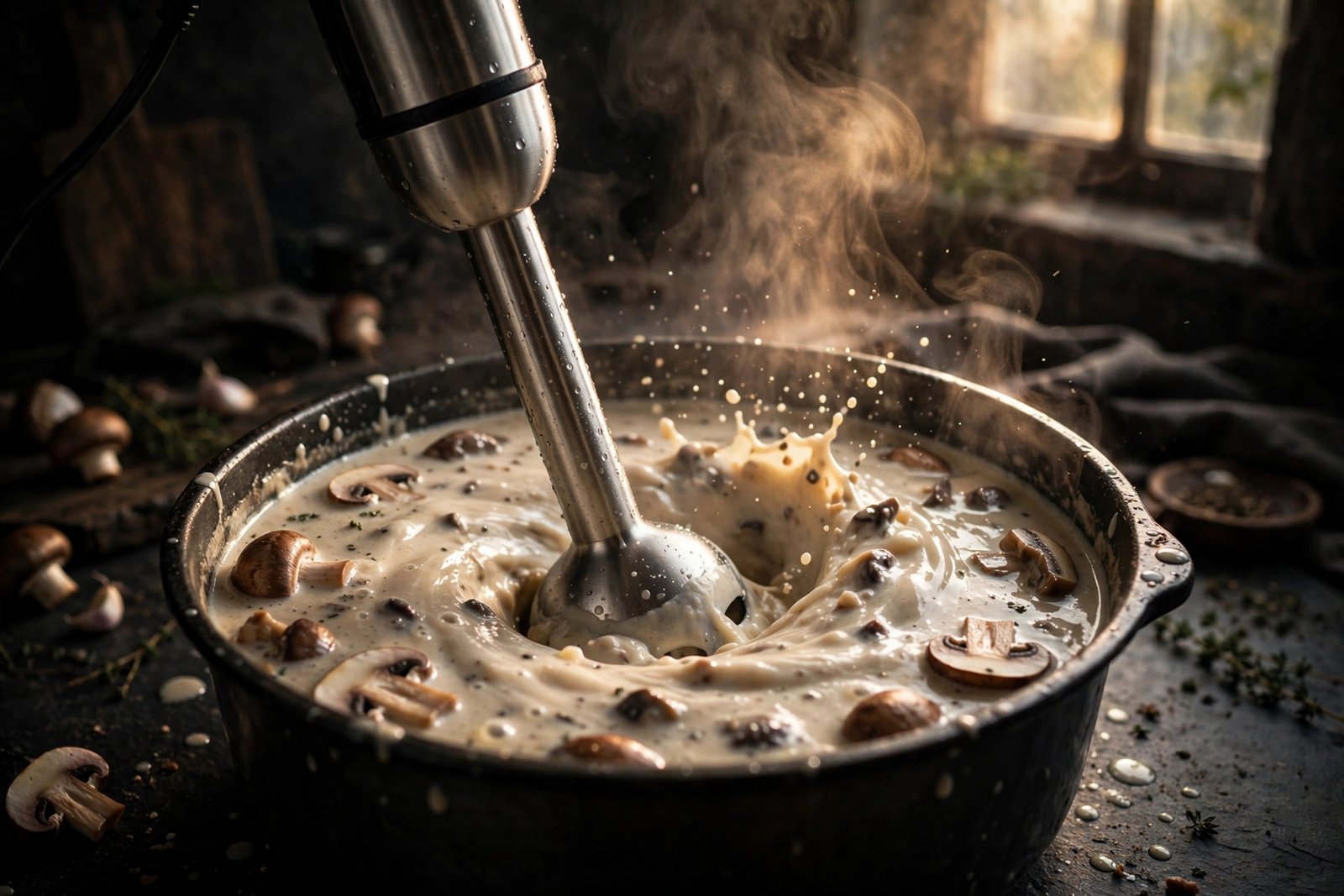 Immersion blender blending half the mushroom soup smooth in the pot for creamy mushroom soup recipe