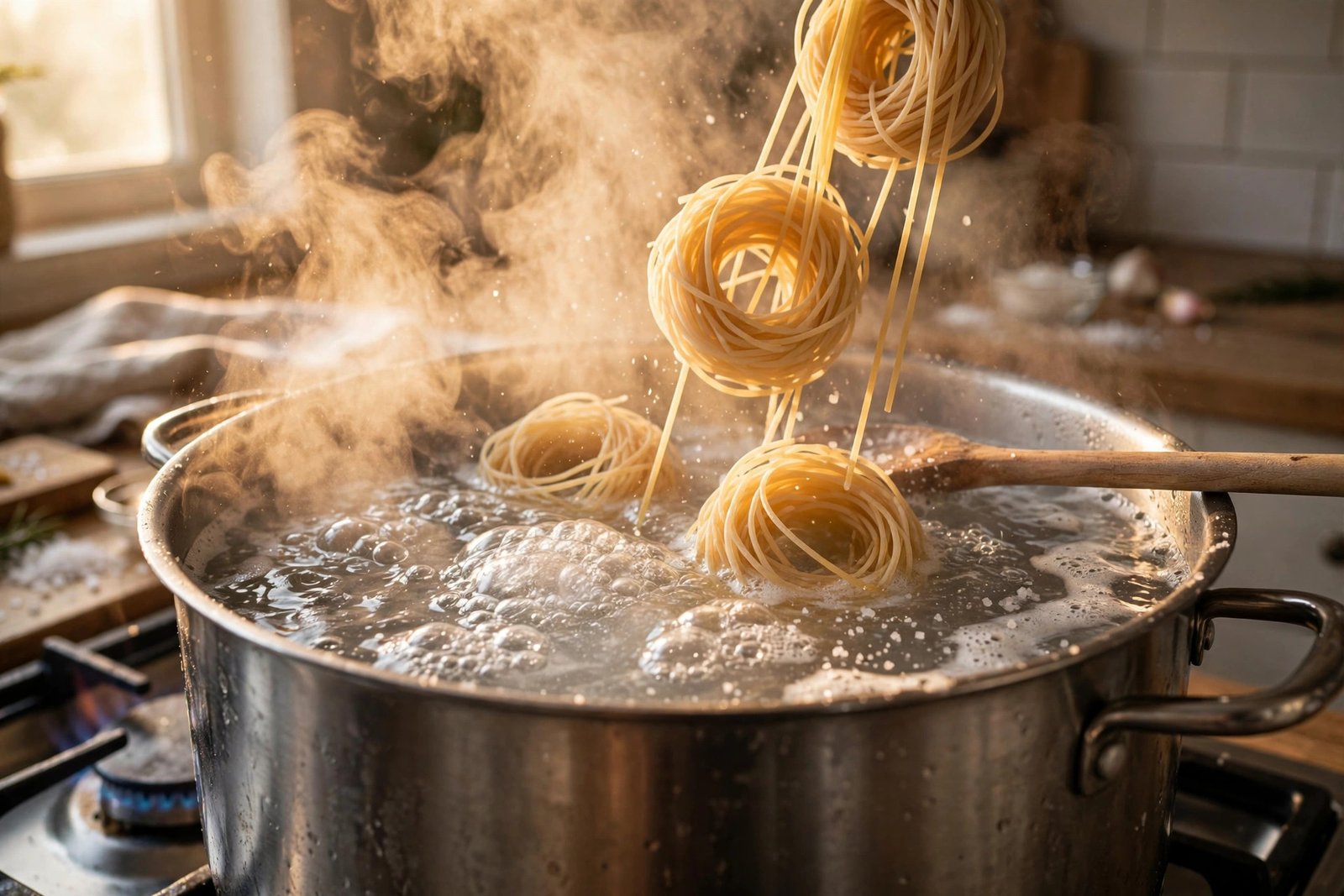 Spaghetti nests being lowered into a large pot of vigorously boiling salted water with steam rising