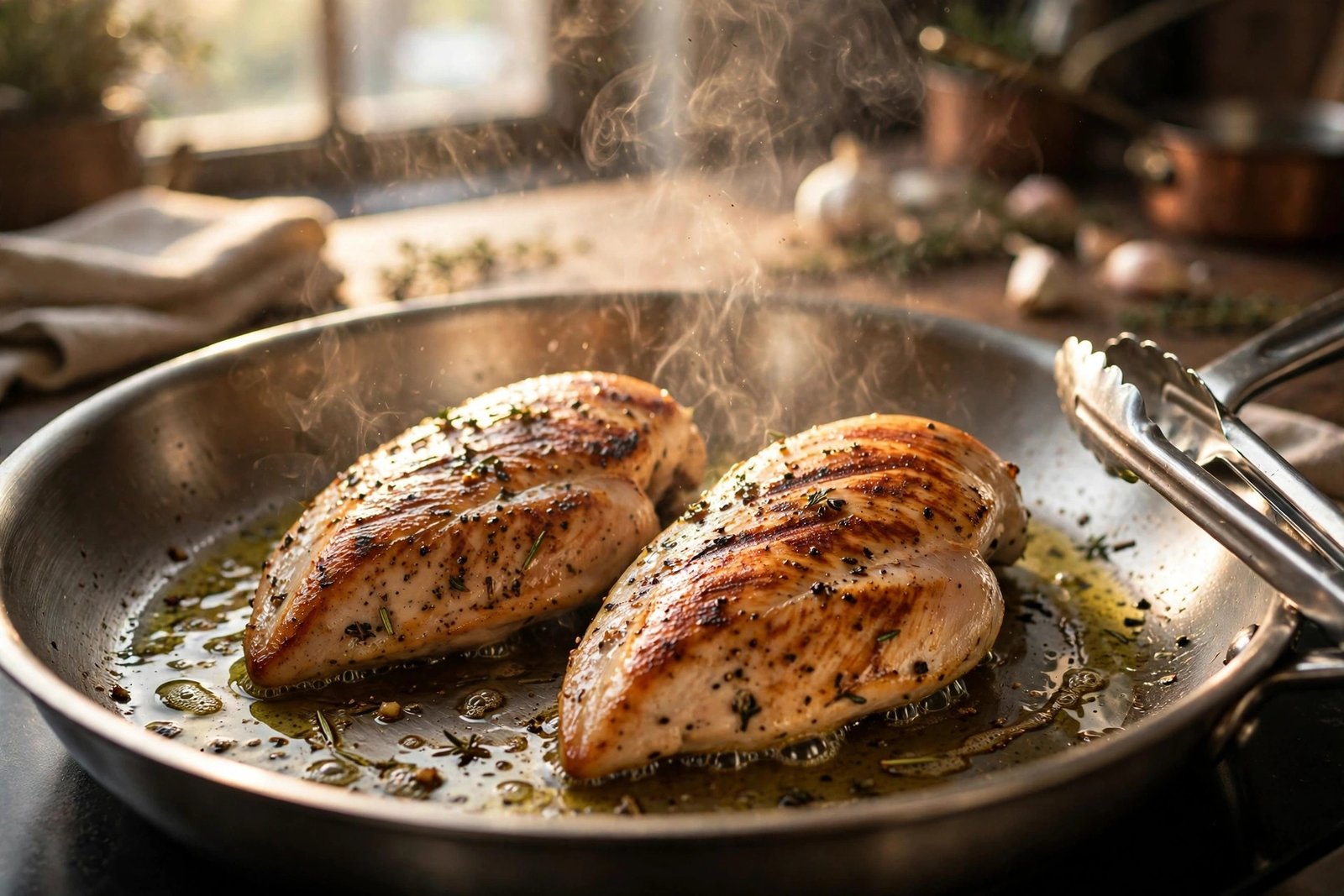 Two seasoned chicken breasts searing to a golden crust in a stainless skillet with steam rising