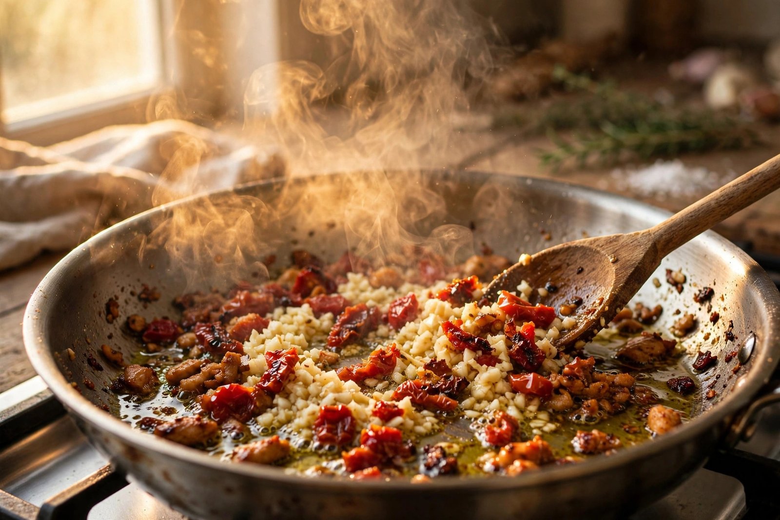 Minced garlic and chopped sun-dried tomatoes sauteing in chicken pan drippings with a wooden spoon