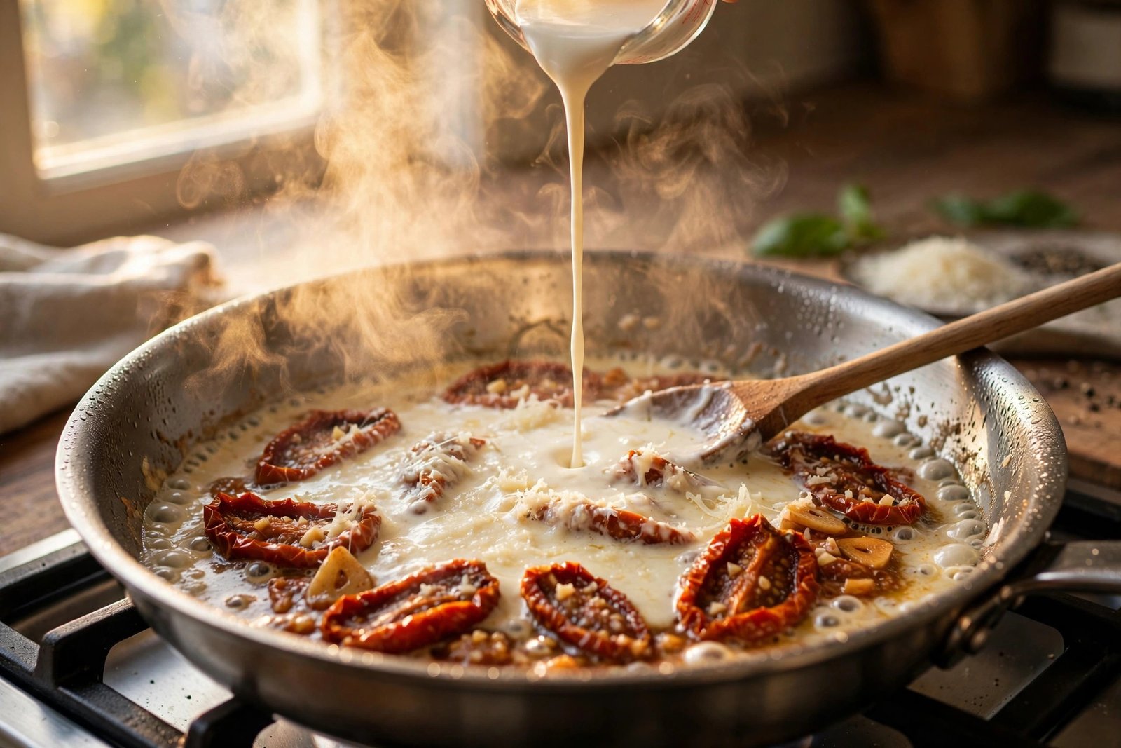 Heavy cream being poured into a skillet of sun-dried tomatoes to form a silky parmesan sauce
