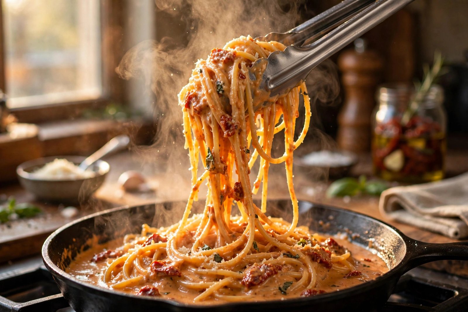 Tongs lifting creamy sun-dried tomato spaghetti coated in glossy parmesan sauce from a skillet