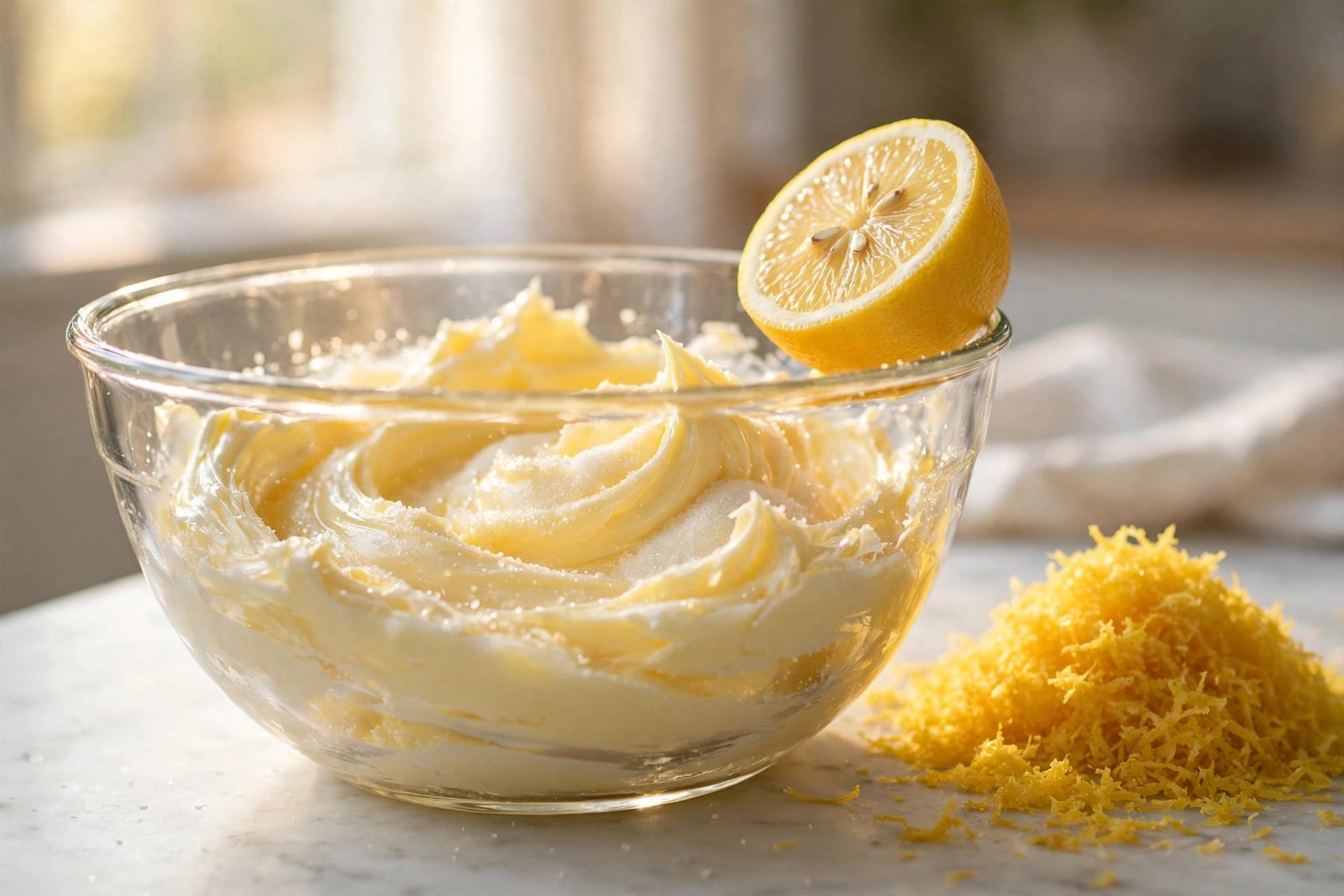 Creaming butter and sugar with fresh lemon zest for lemon crinkle cookies recipe