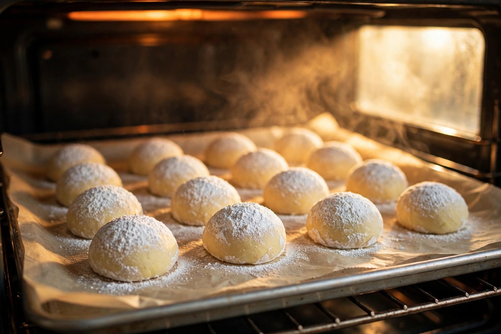 Powdered-sugar coated lemon cookie dough balls on a baking tray in the oven