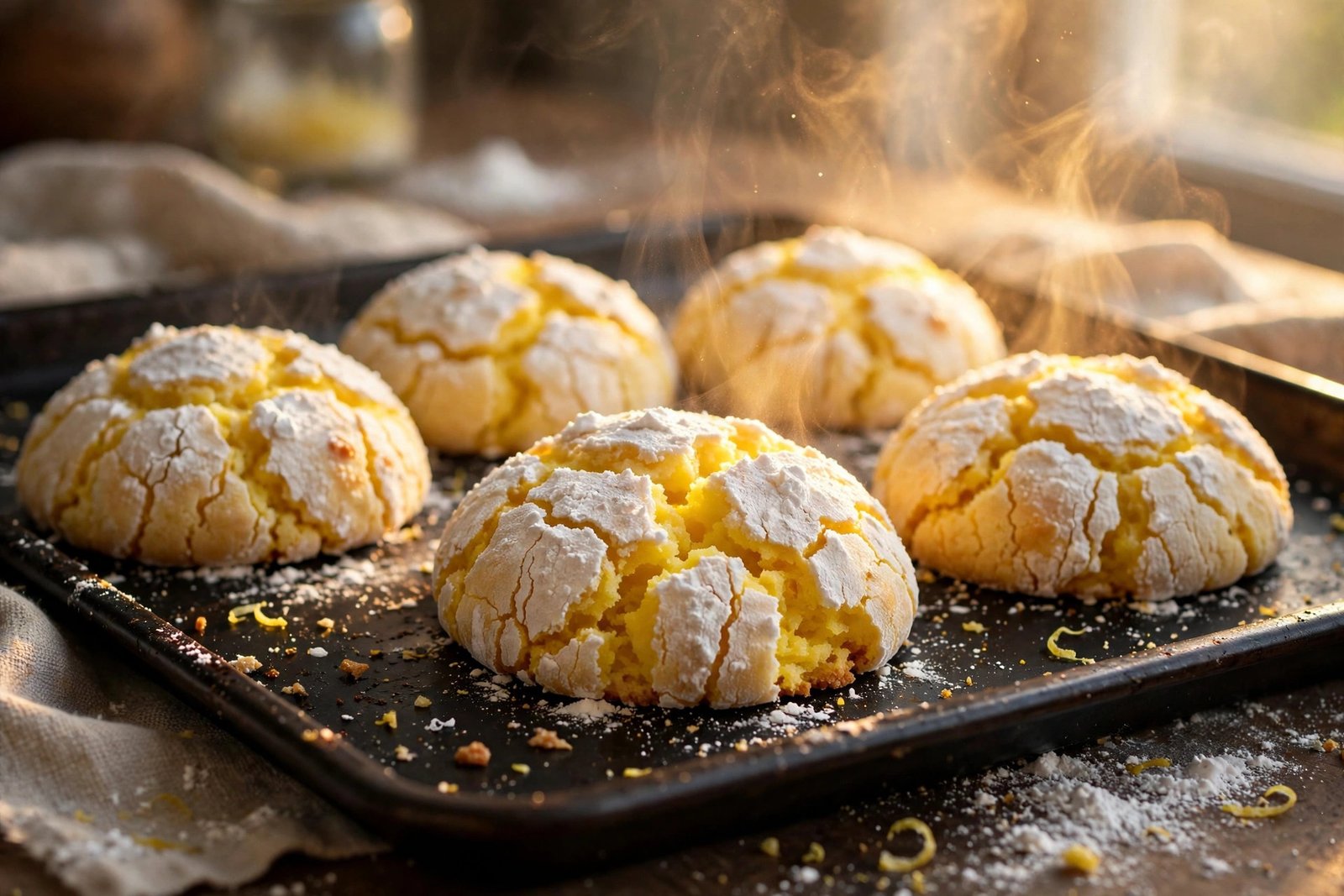 Freshly baked lemon crinkle cookies with deep crackled tops on a baking sheet