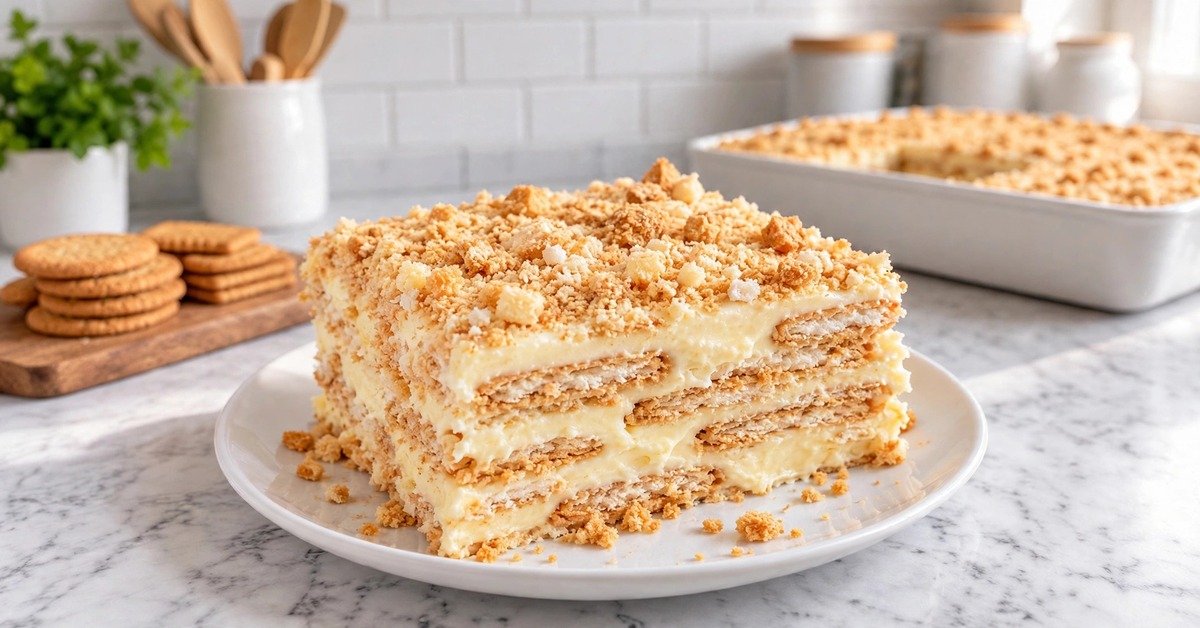 Slice of creamy lemon icebox cake with layers of tea biscuits and lemon cream under a biscuit crumble topping