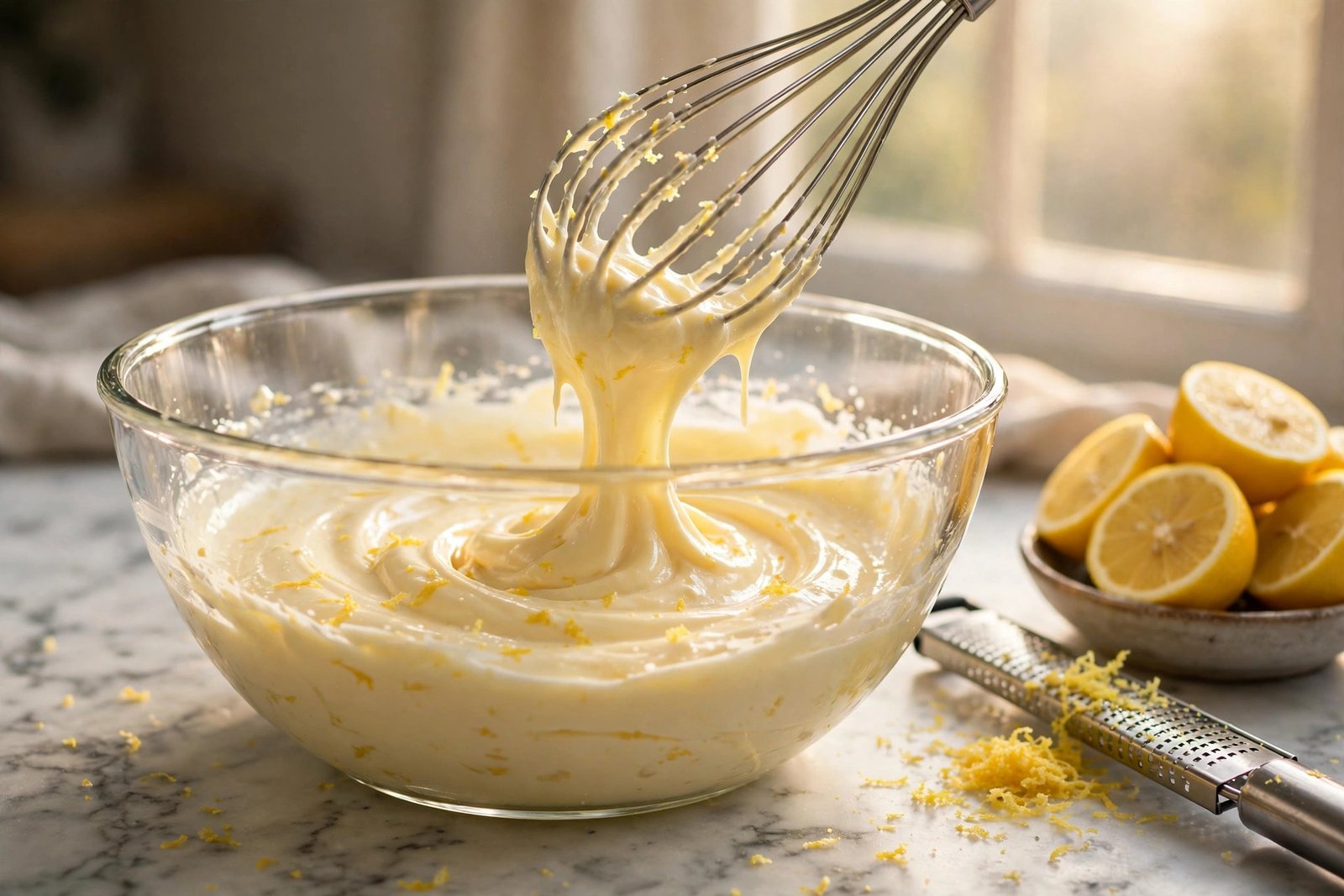 Whisking the silky pale-yellow lemon cream filling for this lemon icebox cake recipe