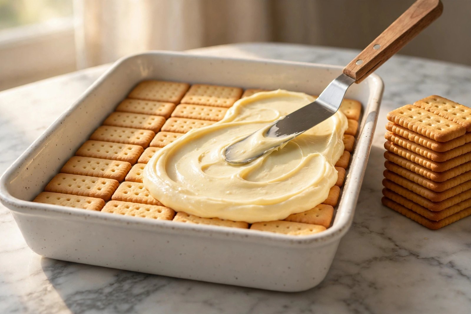 Spreading lemon cream over a layer of tea biscuits in a baking dish
