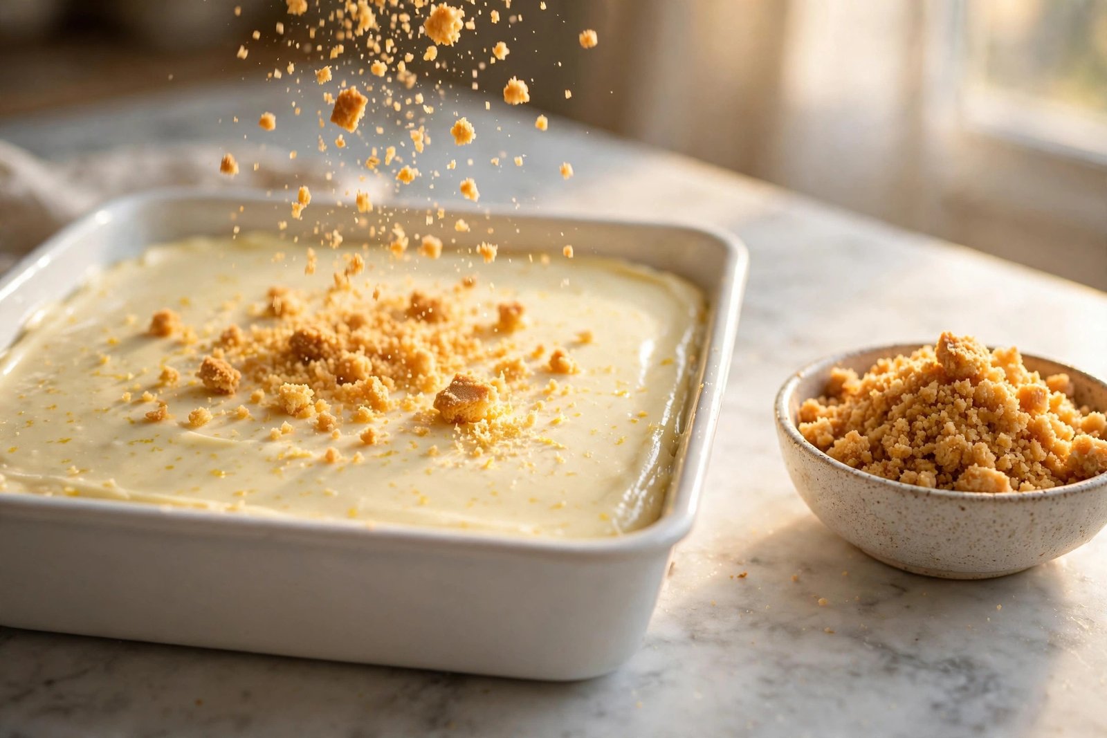 Sprinkling biscuit crumble over the top of the lemon icebox cake before chilling
