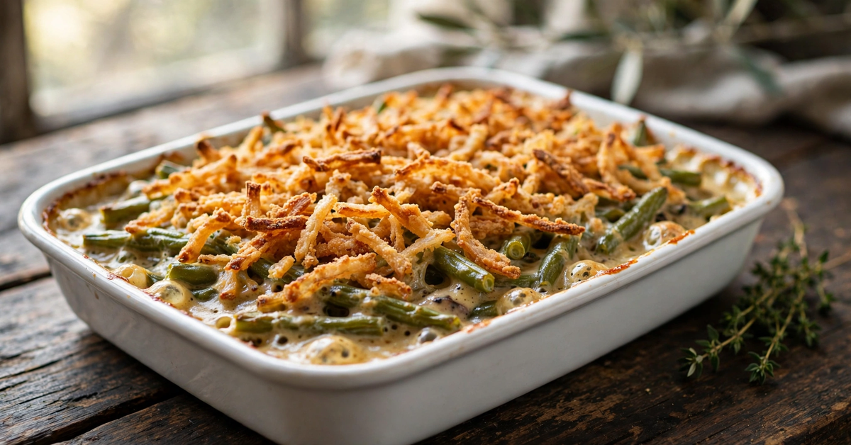 Gordon Ramsay green bean casserole recipe: creamy mushroom green bean casserole topped with crispy golden fried onions in a white baking dish