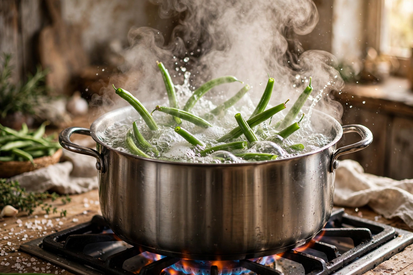 Fresh green beans blanching in a pot of boiling salted water