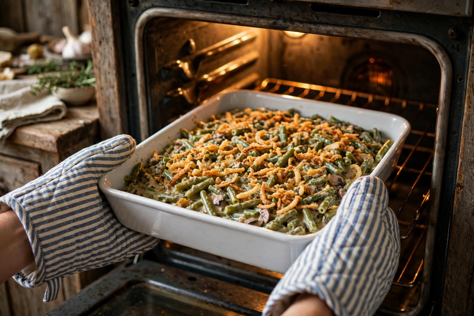 Green bean casserole baking dish being slid into the oven