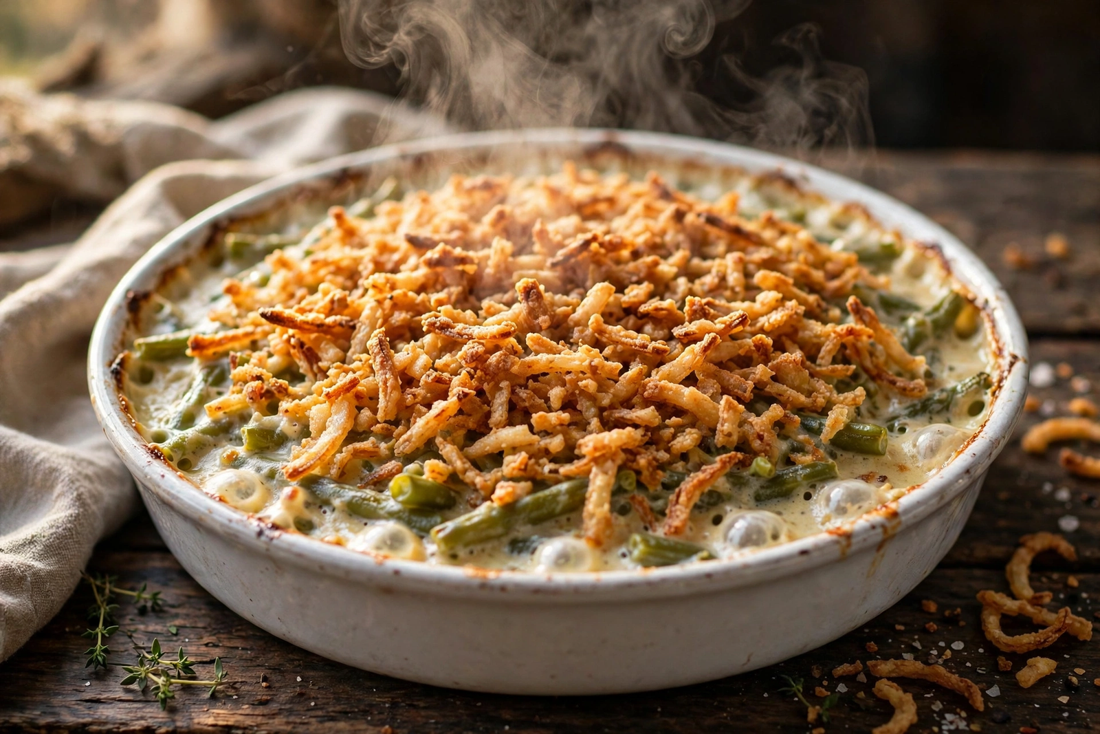 Finished baked green bean casserole with golden crispy onion topping