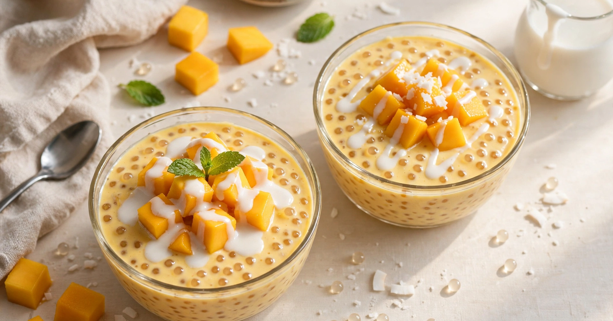 Gordon Ramsay mango sago recipe: chilled mango tapioca dessert with fresh mango cubes and coconut drizzle