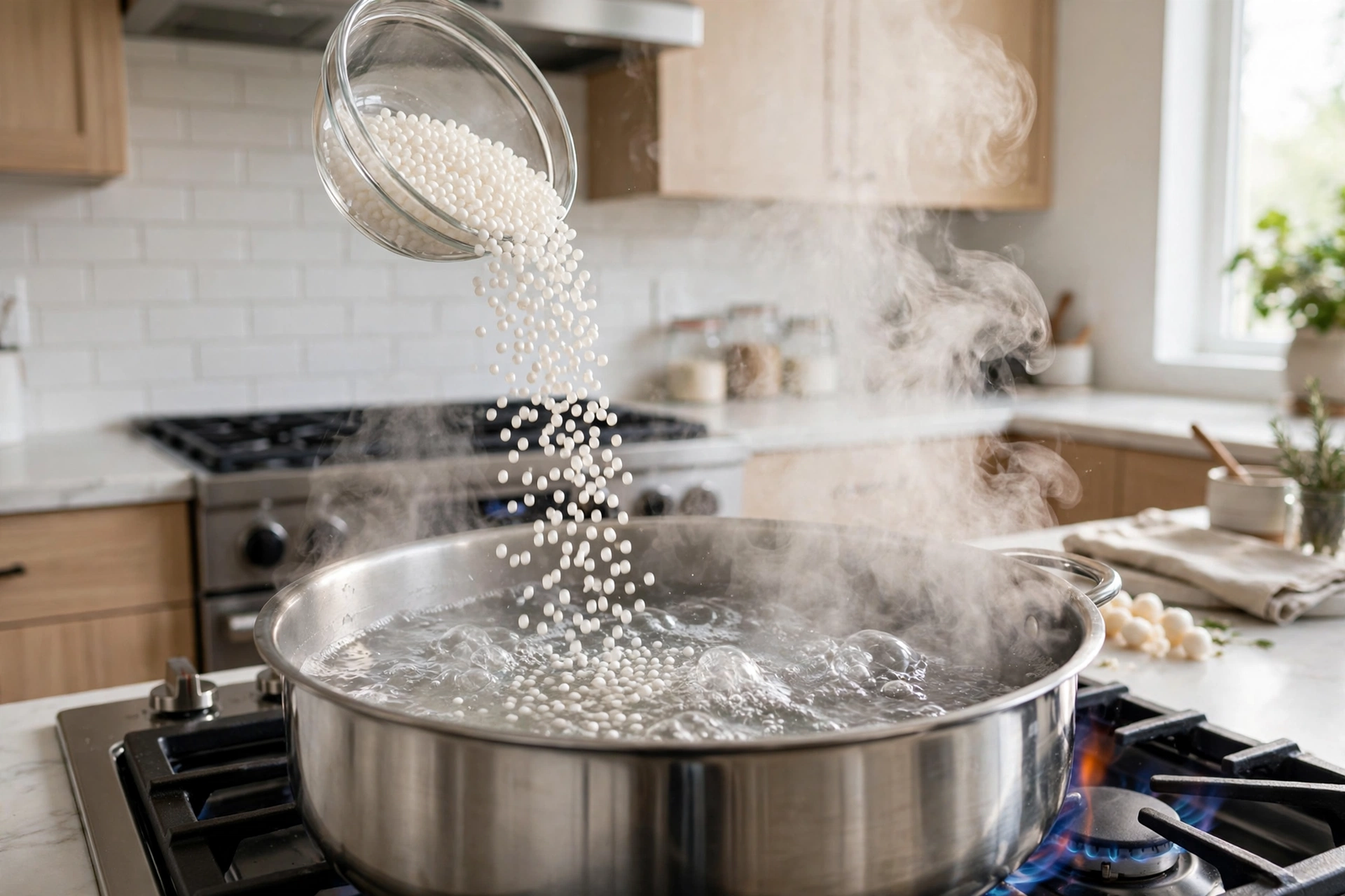 Pouring small white tapioca pearls into a pot of boiling water