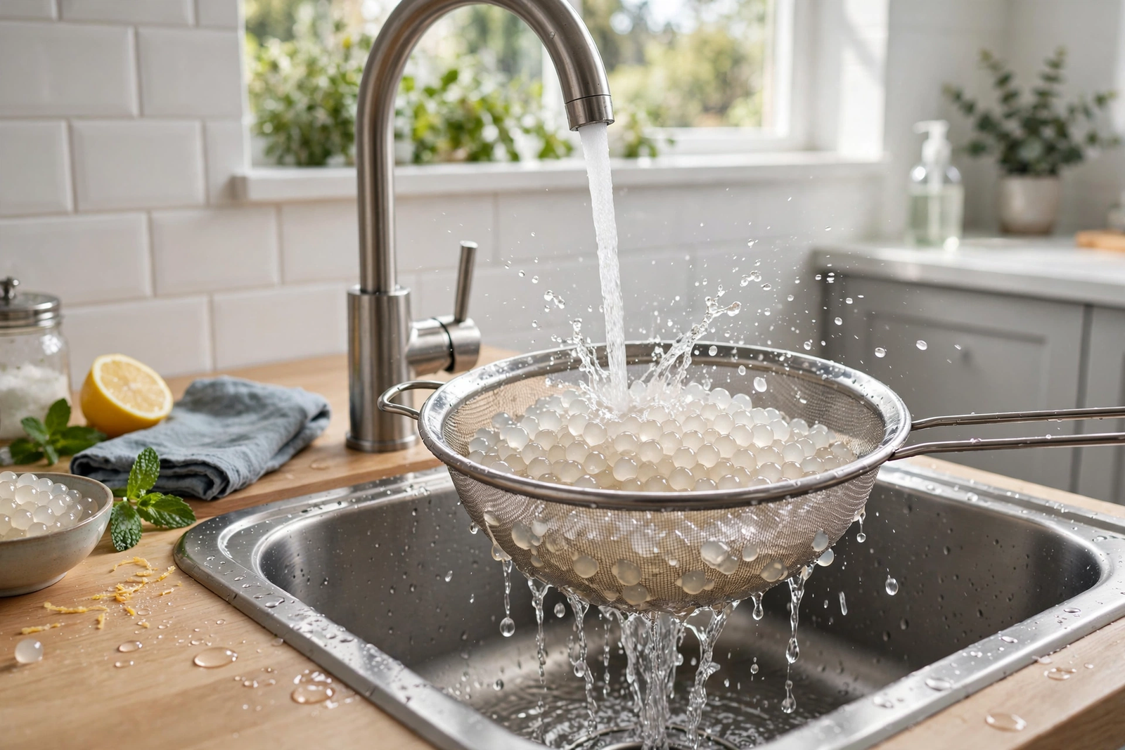 Rinsing cooked translucent sago pearls in a sieve under cold running water