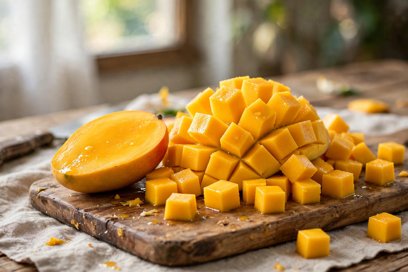 Diced ripe mango cubes piled on a wooden cutting board