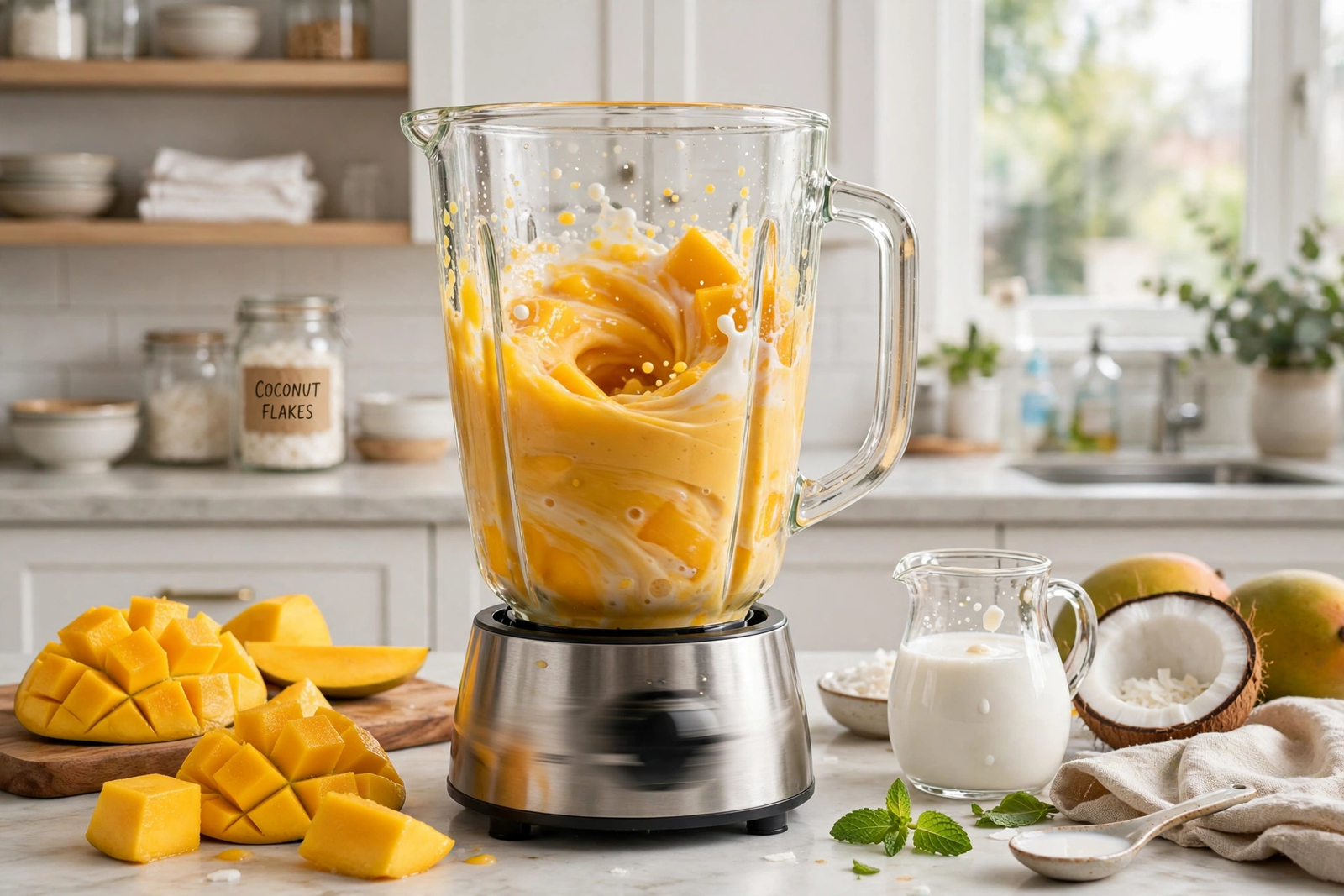 Blending mango chunks and coconut milk into a smooth golden puree