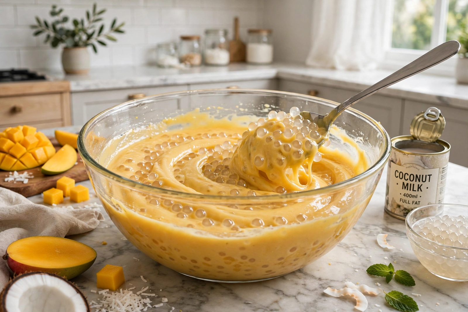 Folding cooked sago pearls into the creamy mango base in a glass bowl