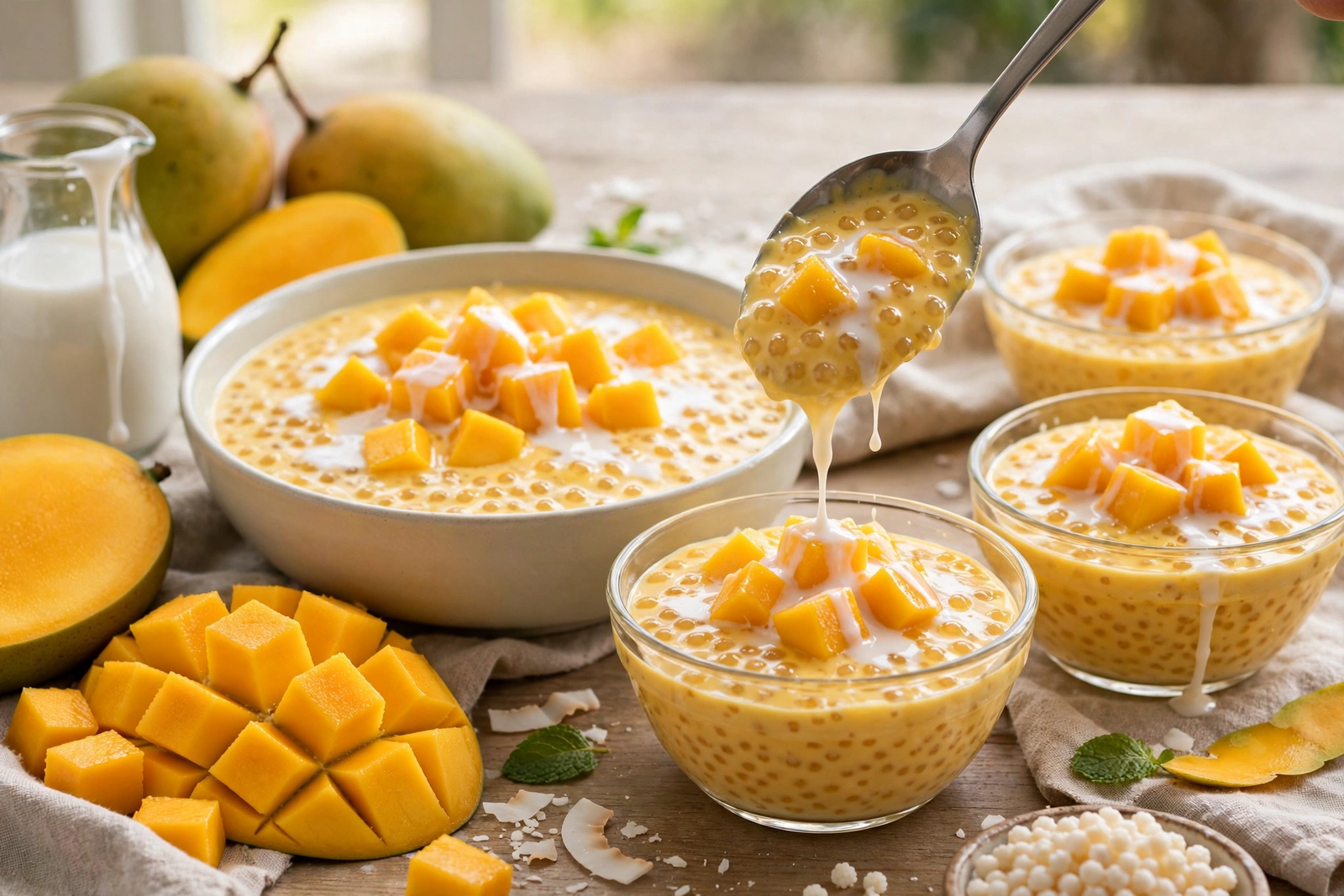 Spooning finished mango sago into glass bowls topped with mango cubes