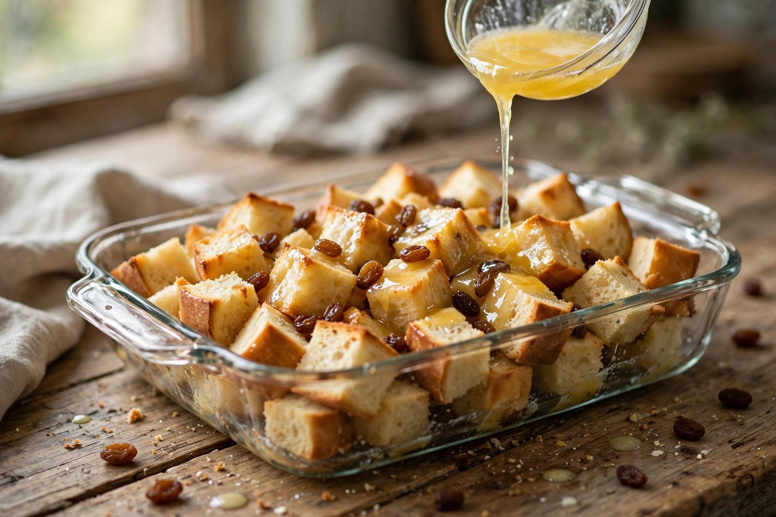 Cubed brioche and raisins in a baking dish for old fashioned bread pudding