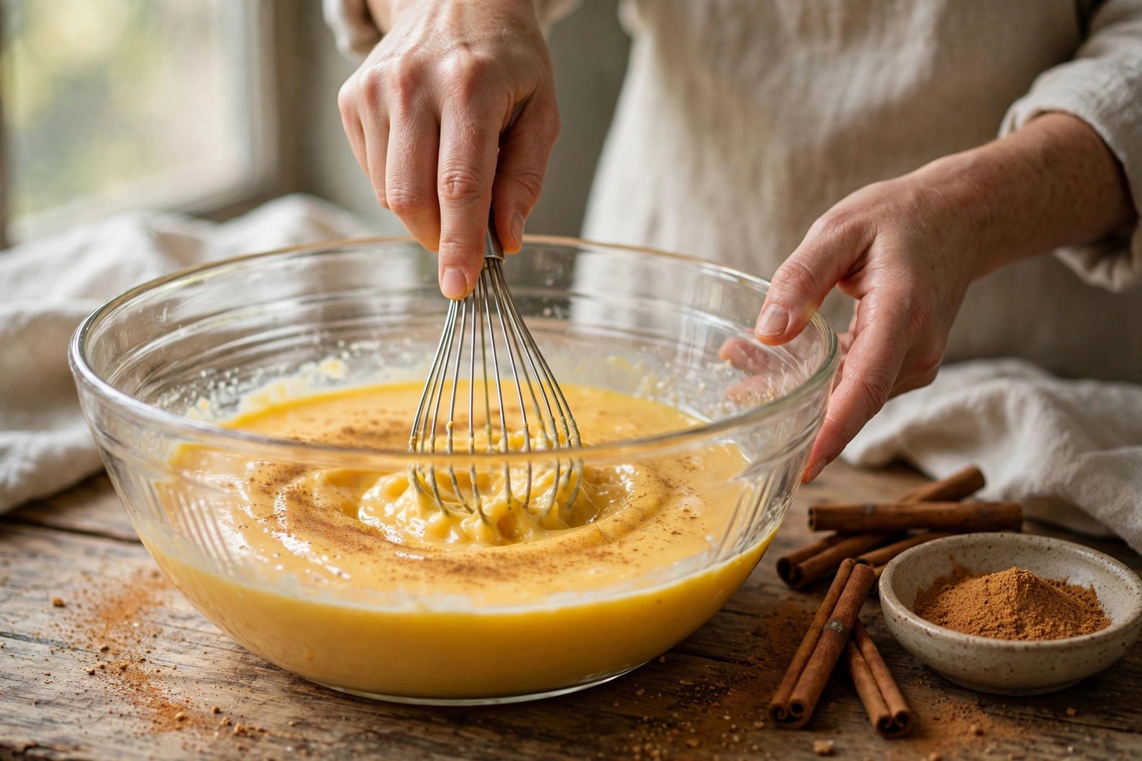 Whisking spiced custard for old fashioned bread pudding recipe