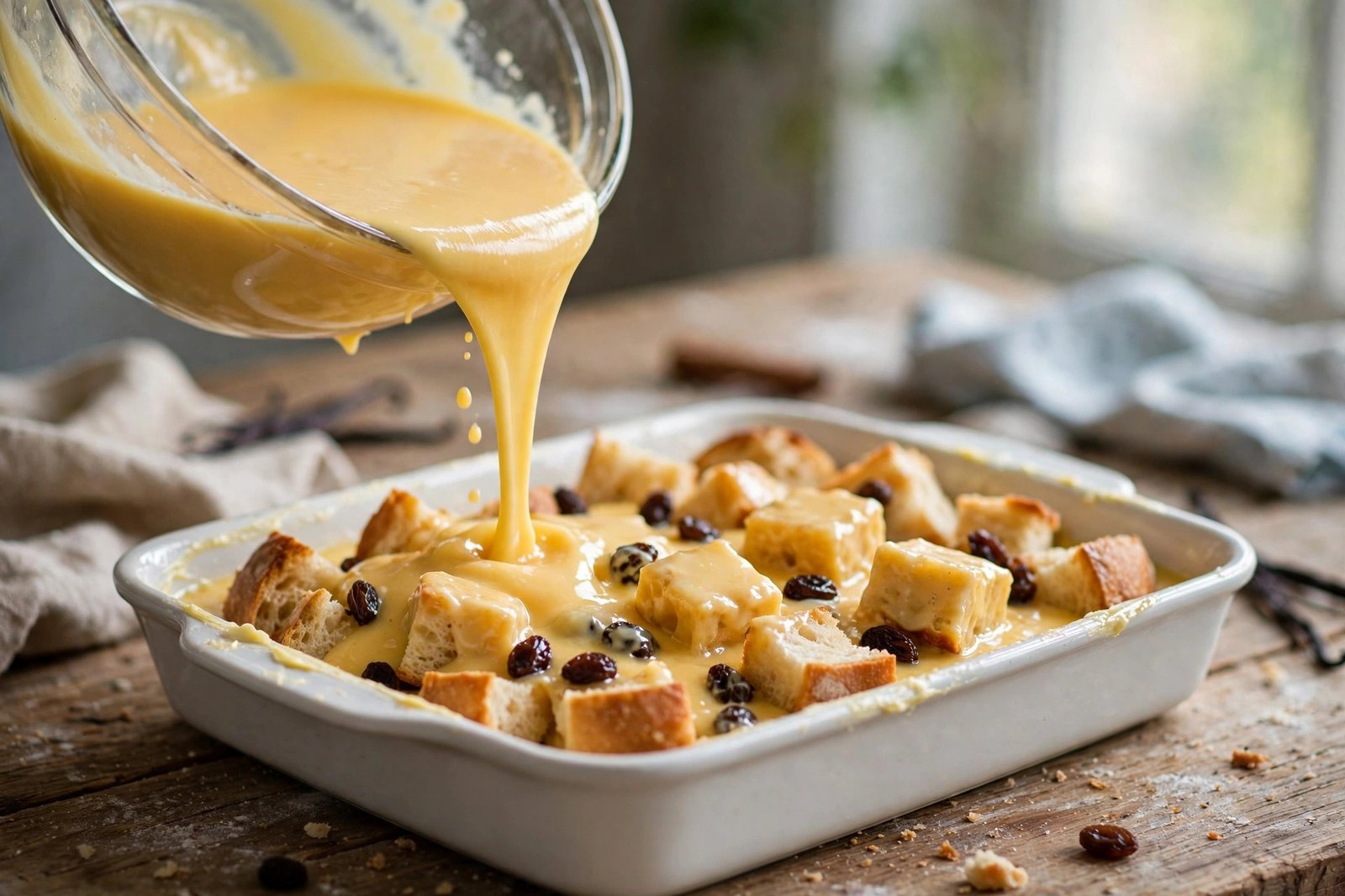 Pouring custard over bread cubes for old fashioned bread pudding