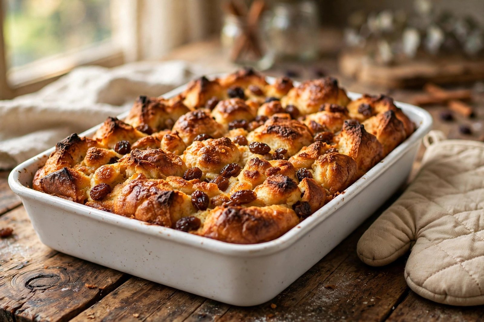 Baked golden old fashioned bread pudding with raisins
