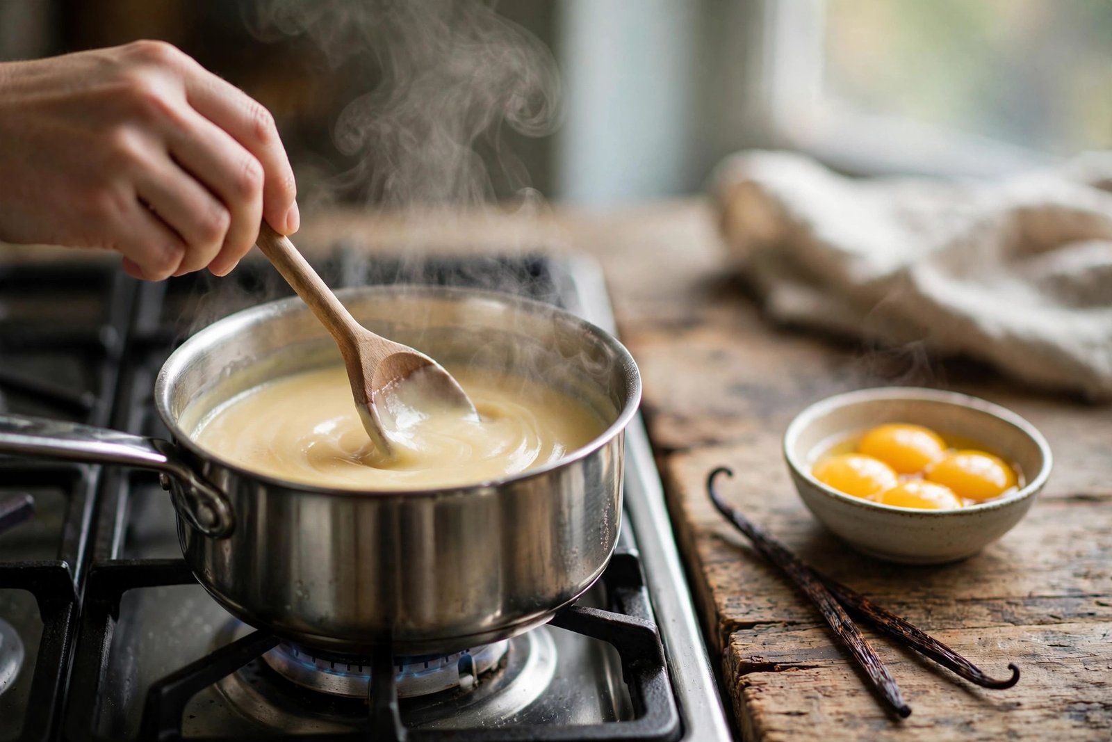 Stirring homemade vanilla sauce for bread pudding