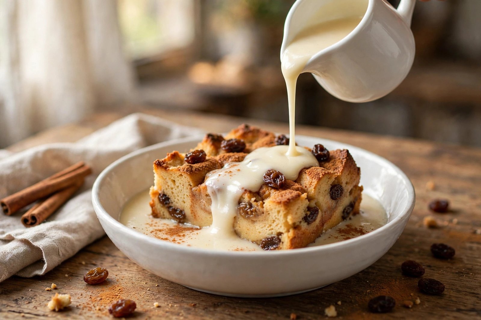 Serving warm old fashioned bread pudding with vanilla sauce