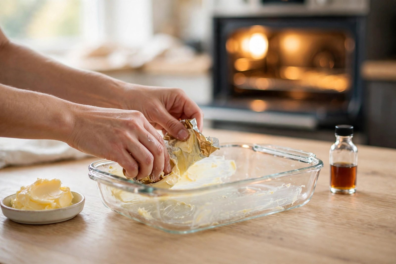 Greasing a 9x13-inch baking dish with butter for pecan pie dump cake