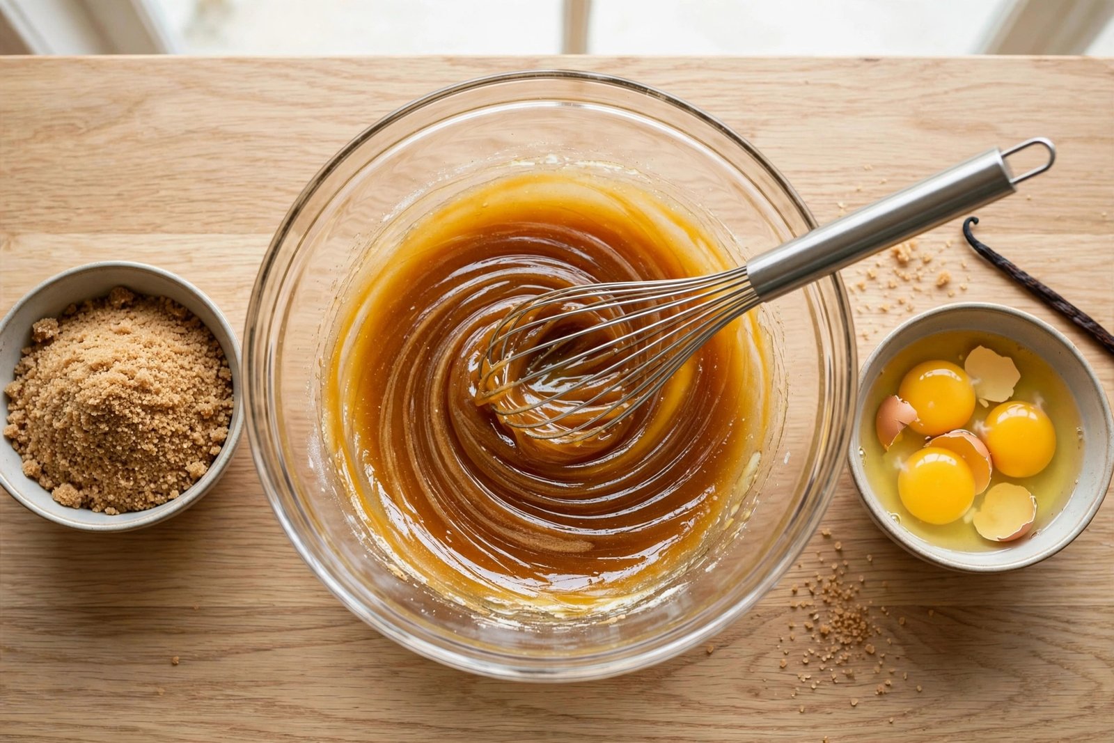 Whisking brown sugar, corn syrup, eggs and melted butter into a glossy pecan pie base