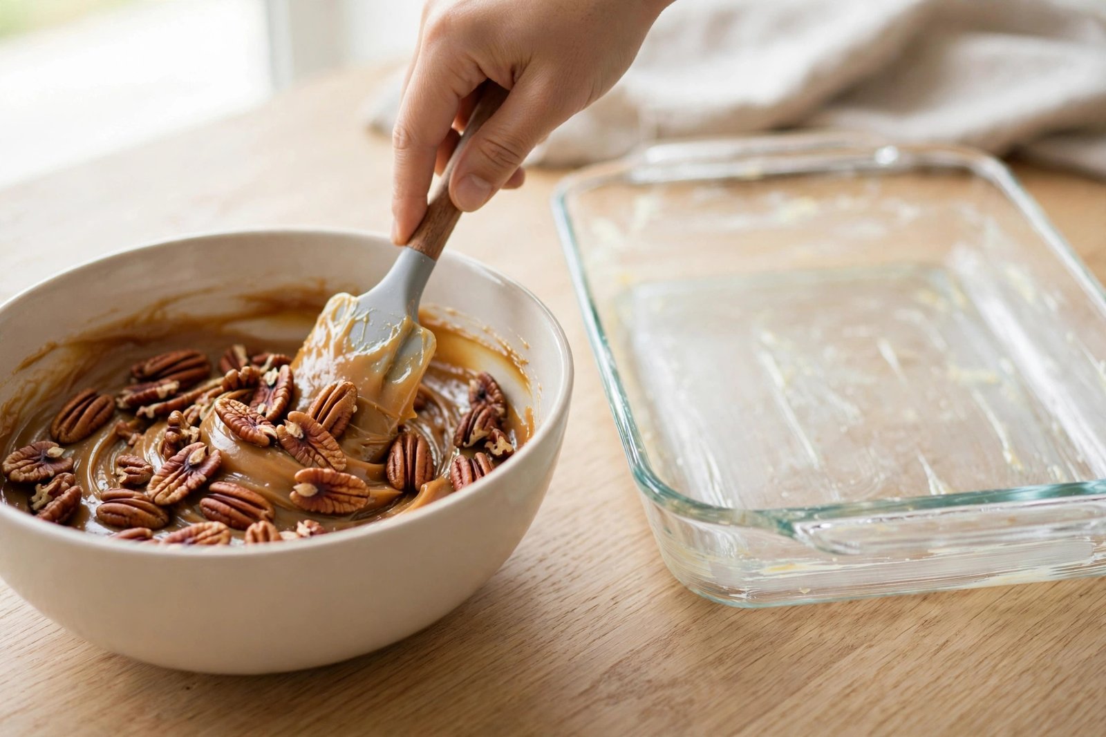 Toasted pecan halves folded into caramel filling and spread in a baking dish