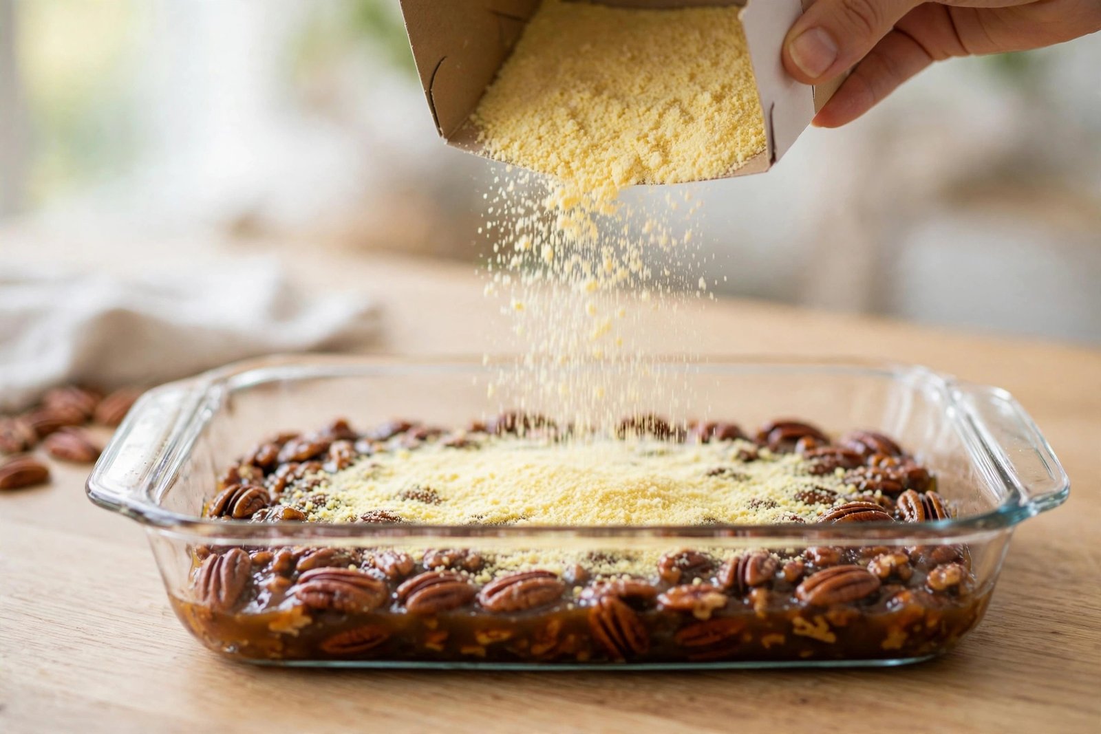 Dry yellow cake mix sprinkled evenly over the pecan filling