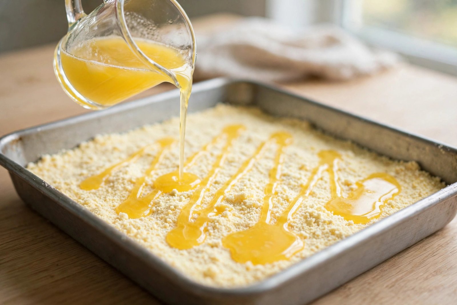 Melted butter being drizzled evenly over the dry cake mix topping