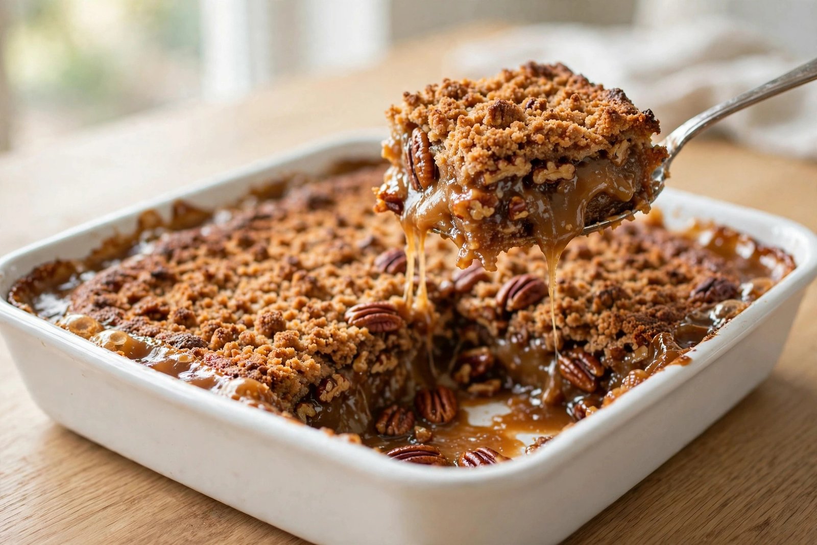 Golden baked pecan pie dump cake bubbling at the edges in the dish
