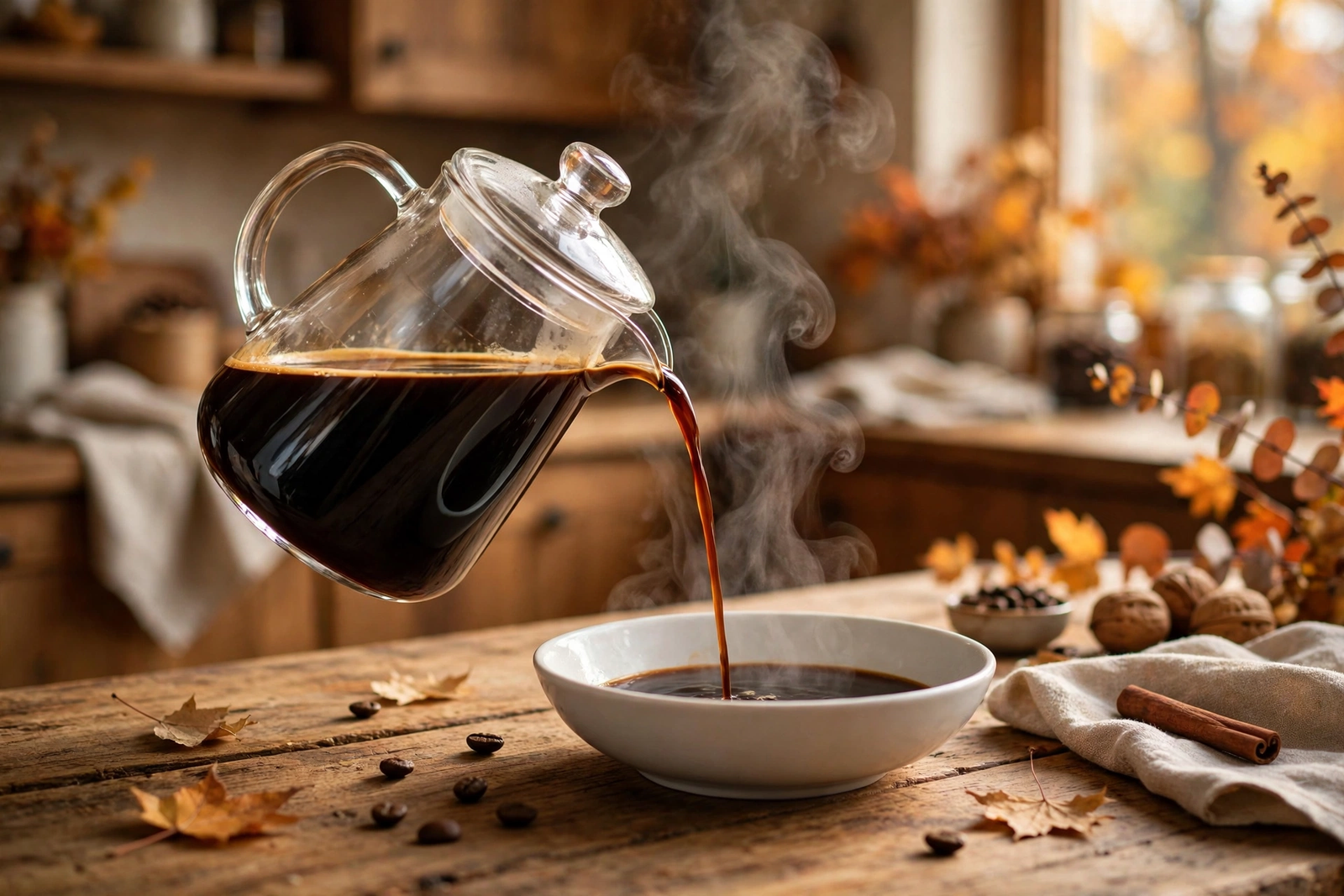 Pouring cooled espresso into a shallow dish for the tiramisu soak