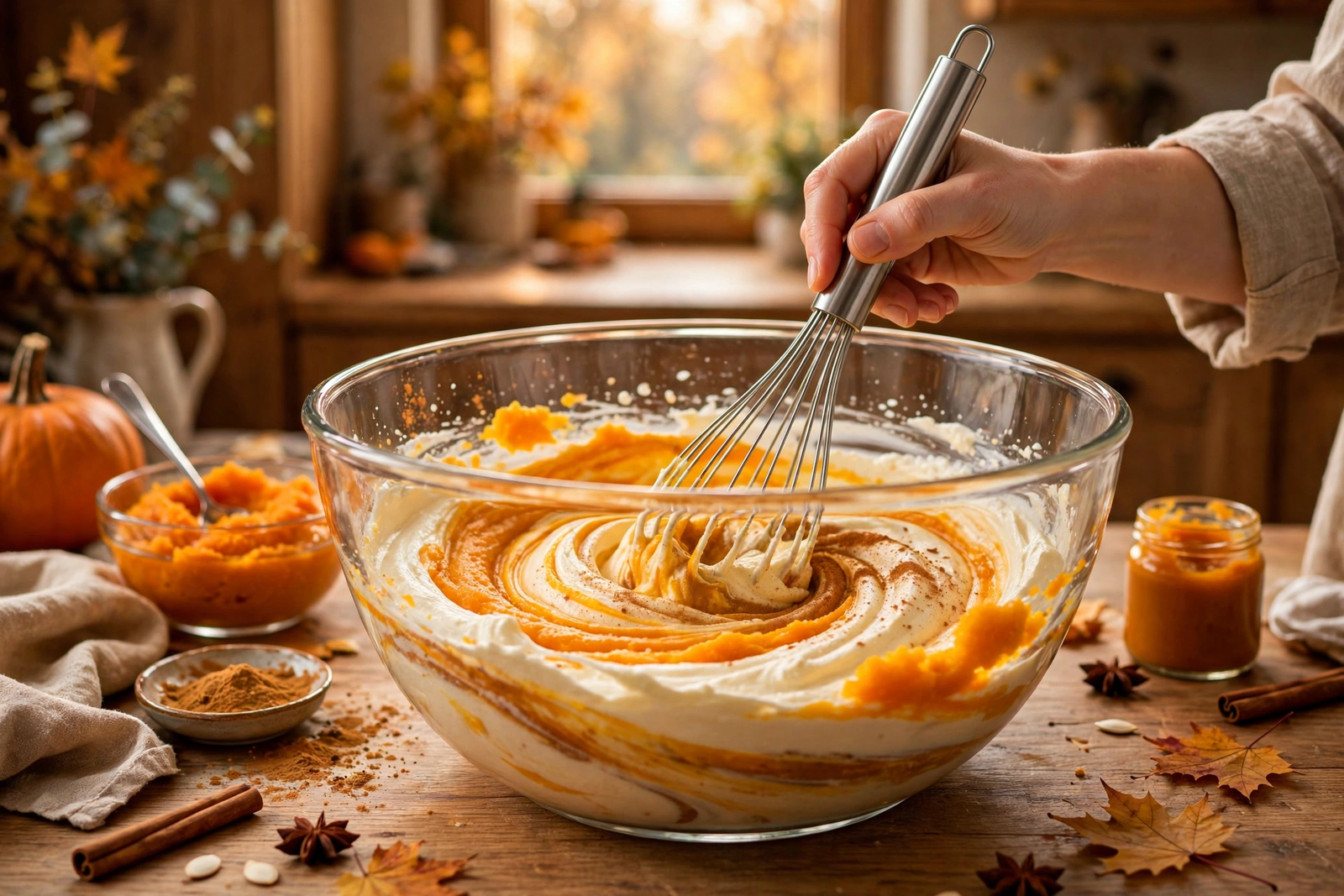 Mixing pumpkin puree and pumpkin pie spice into mascarpone
