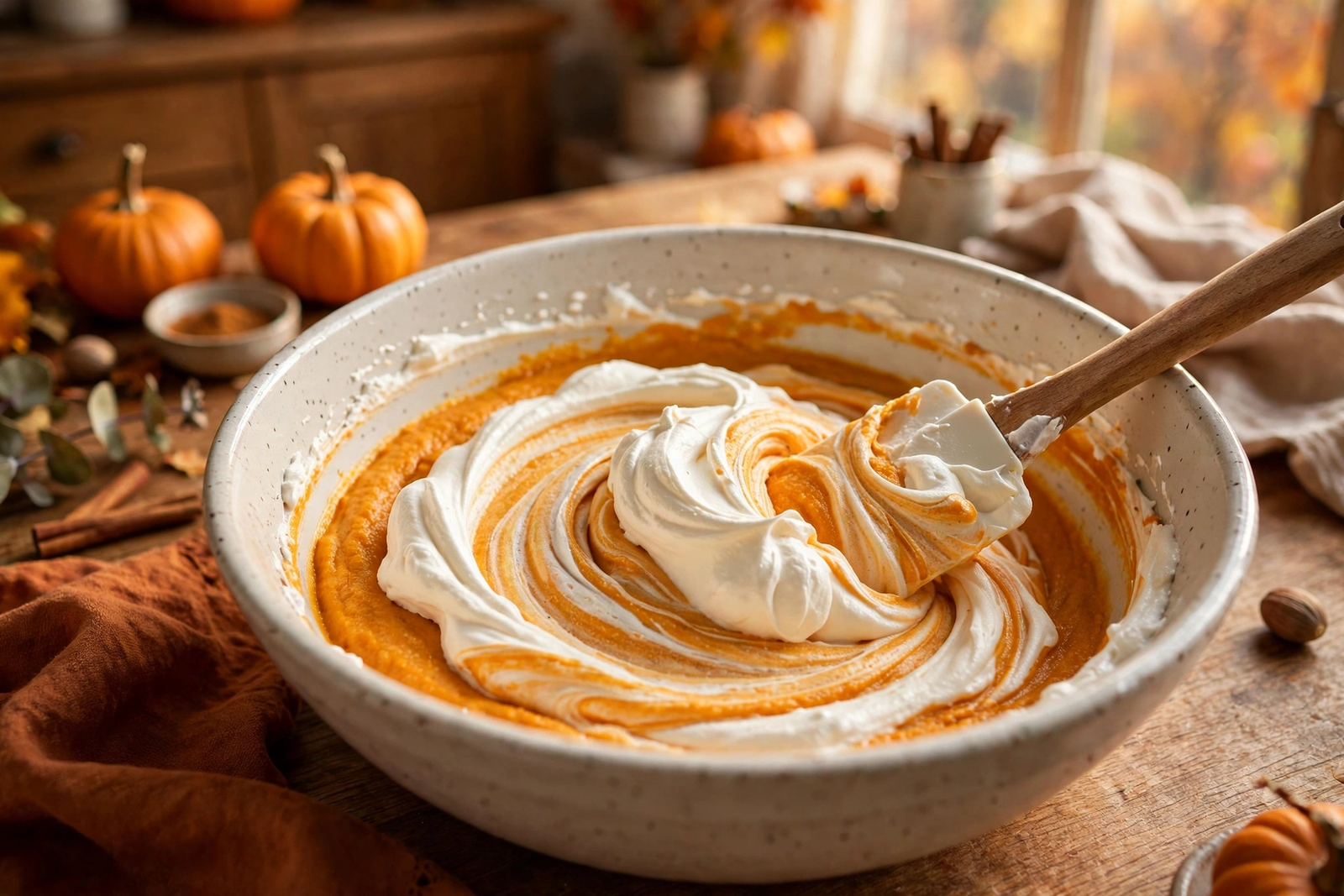 Folding whipped cream into the pumpkin mascarpone mixture