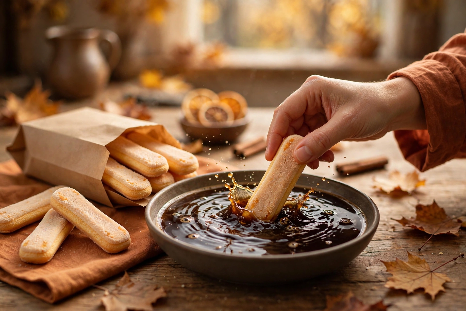 Dipping ladyfingers into the espresso soak